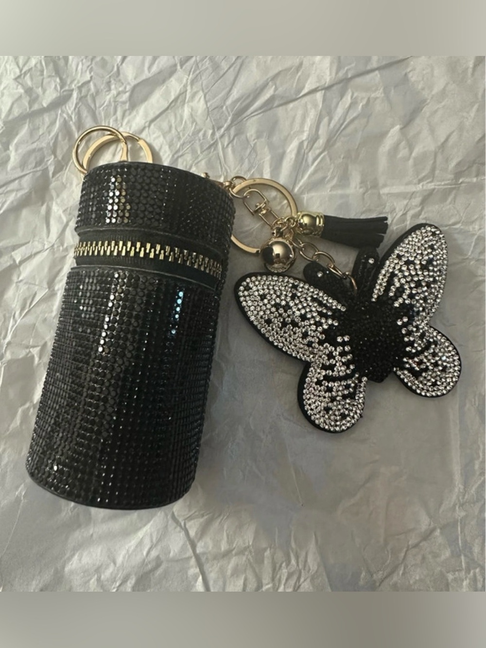 Black Rhinestone Lipstick Case with Butterfly Keychain/Bag Charm